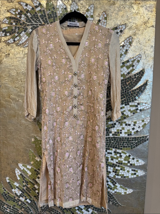 Dresses & Skirts - Embroidered Beige & Pink Kurta Dress